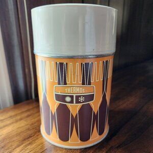 Vintage 1971 King Seeley 10oz Thermos Orange Brown Spoons Pattern no. 7063